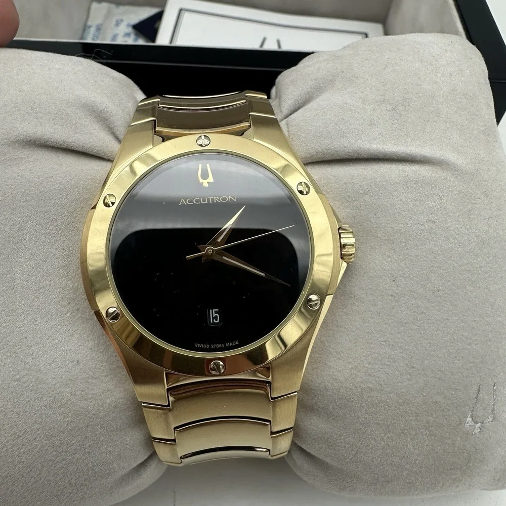 VTG 07 Accutron Belize Gold Tone Stainless Steel Watch Black Face 27B64 Ret $650